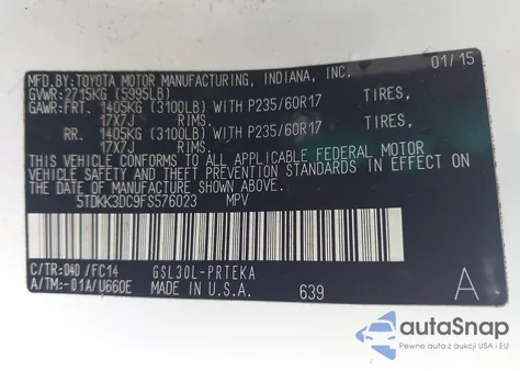 2015 Toyota Sienna Le 7 Passenger/Le 8 Passenger z USA, uszkodzony, nr VIN 5TDKK3DC9FS576023